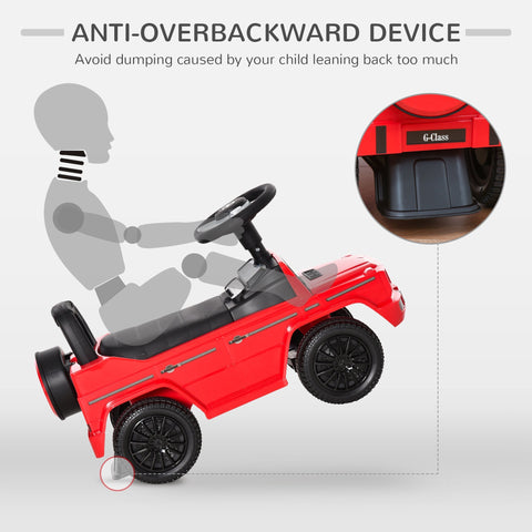 Red kids ride on car with g-class design, black seat, under-seat storage, steering wheel, and foot-to-floor design