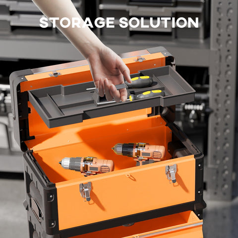 Orange and black homcom 3-in-1 stackable rolling toolbox set with adjustable compartments and removable tray storage toolbox