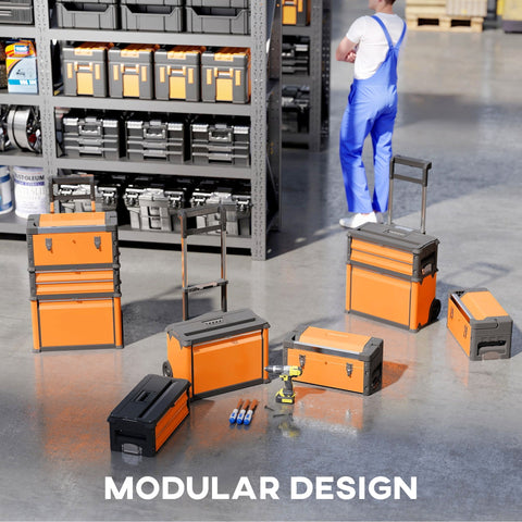 Homcom 3-in-1 stackable rolling toolbox set in orange with wheels handles latches and removable tray for storage use