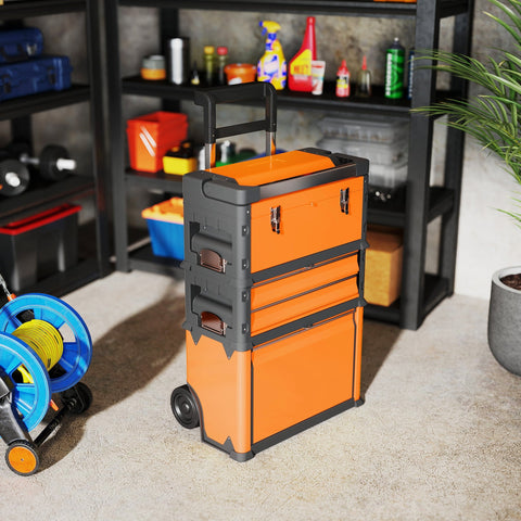 Homcom 3-in-1 stackable orange rolling toolbox set with black drawers and removable tray for easy storage