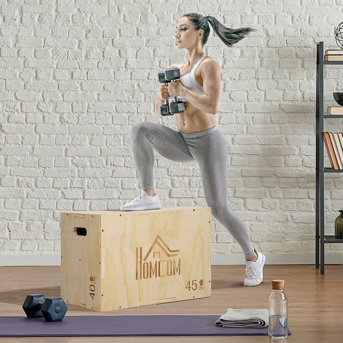 Light-colored wooden homcom 3-in-1 plyo box with 40kg 45cm markings for home gym jump box training
