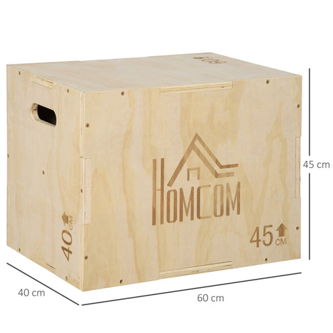 Homcom 3-in-1 wooden plyo box jump box in light wood with handle openings for home gym workout training 40x60x45 cm