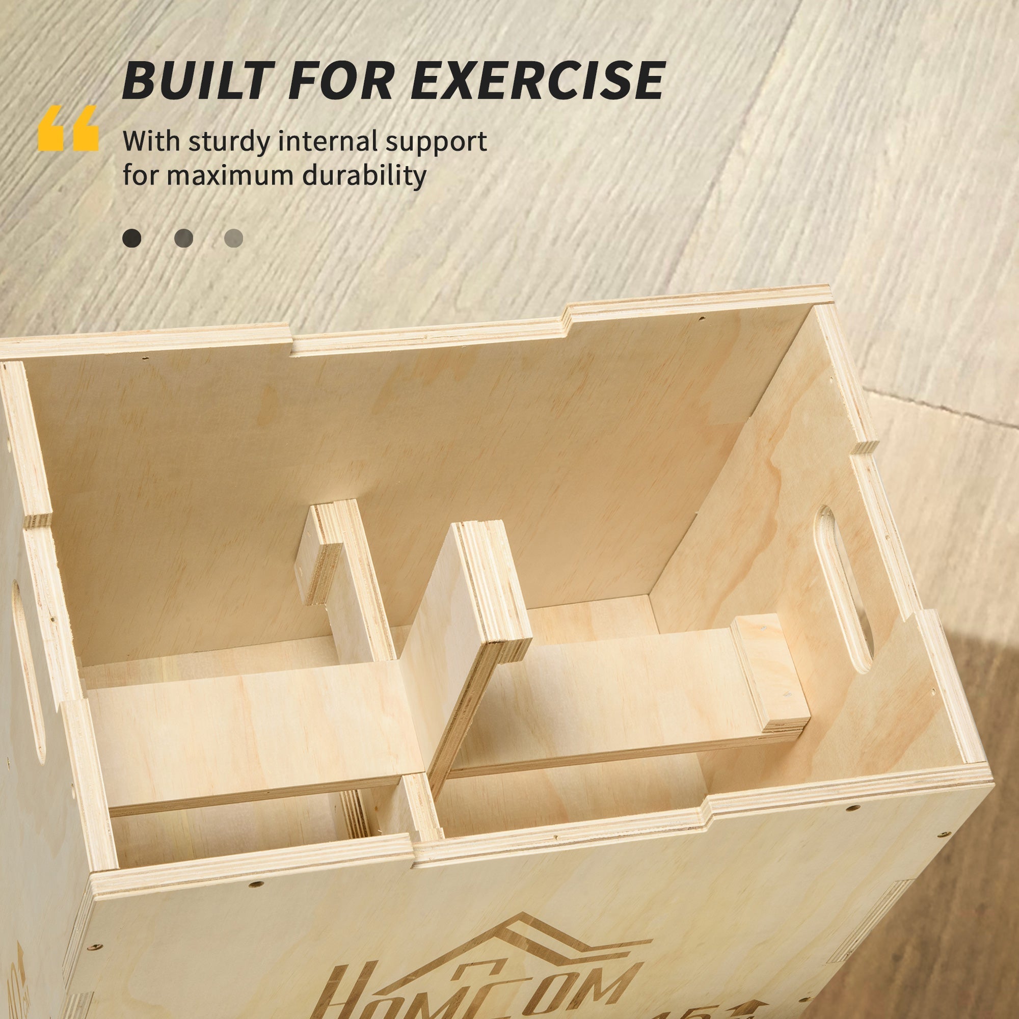 Light-colored wooden homcom 3-in-1 plyo box with handles and built-in support for jump box durability at home gym