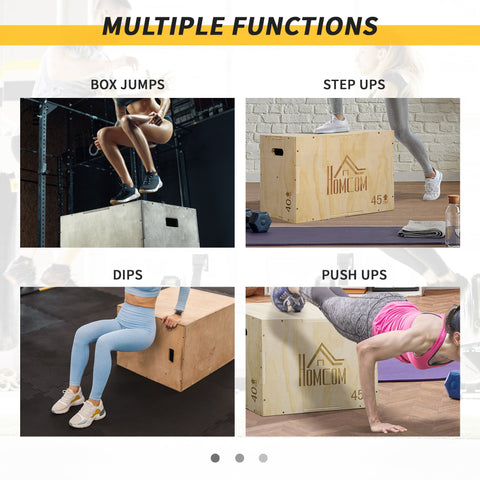 Light brown wooden plyo box with homcom logo and 45kg marking for home gym jump box workouts