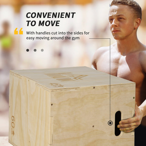 Light-colored wooden plyo box with handle cut-outs branded mountain for home gym jump box training