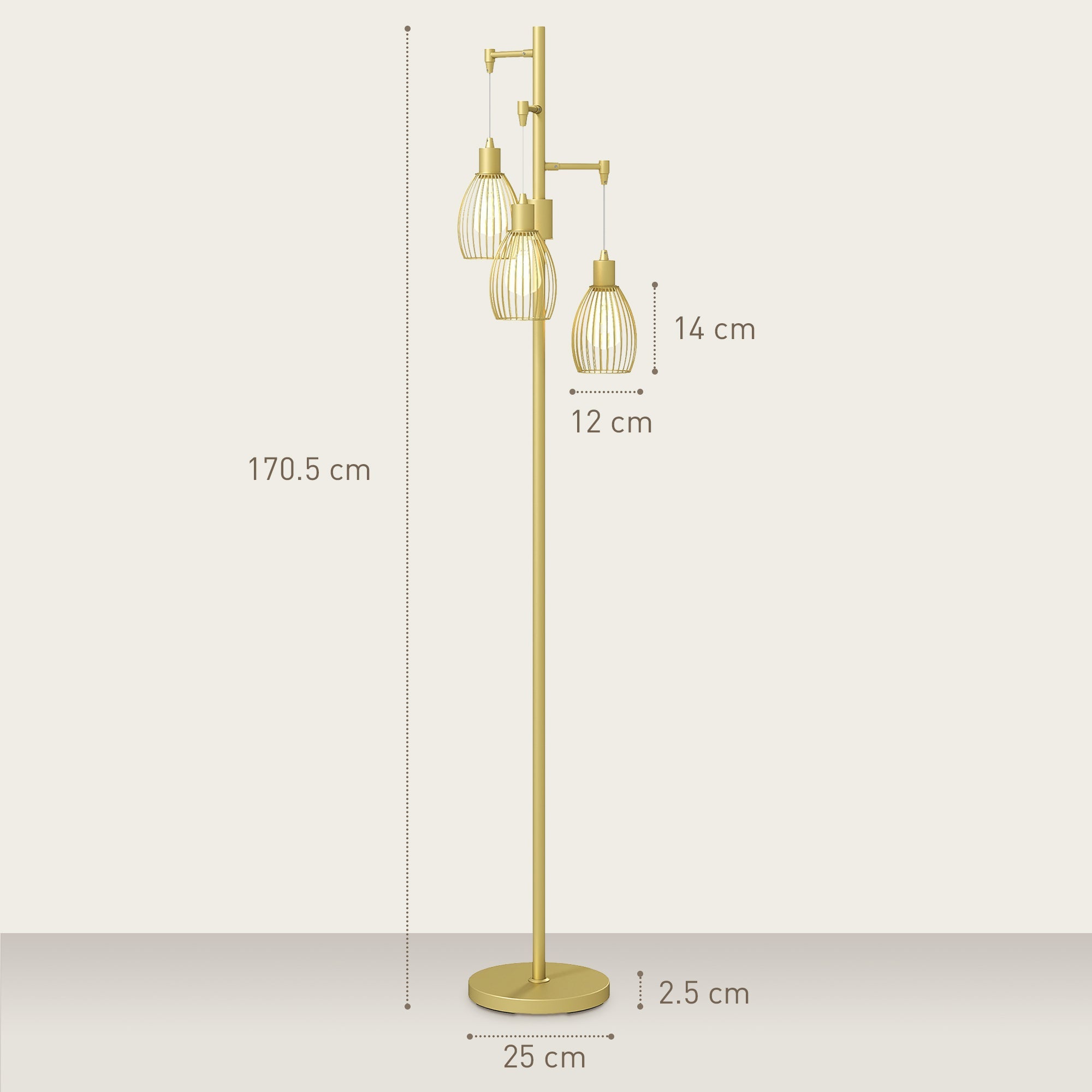Gold tone floor lamp with three steel wire cage shades and slender pole dimmable up to maximum 40w for living room