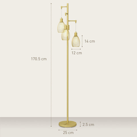 Gold tone floor lamp with three steel wire cage shades and slender pole dimmable up to maximum 40w for living room