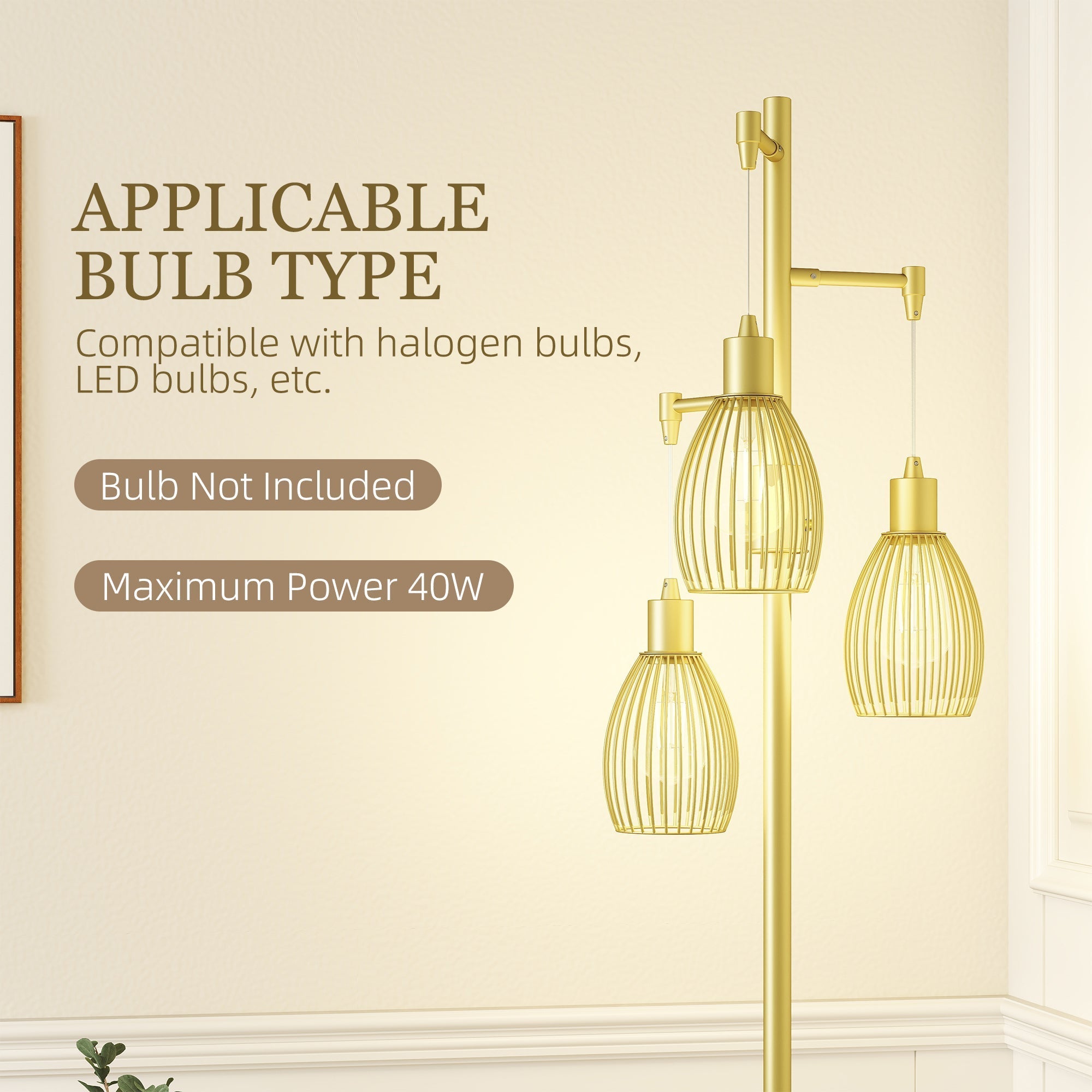 Gold tone floor lamp with three steel wire cage shades dimmable up to maximum 40w for living room and bedroom