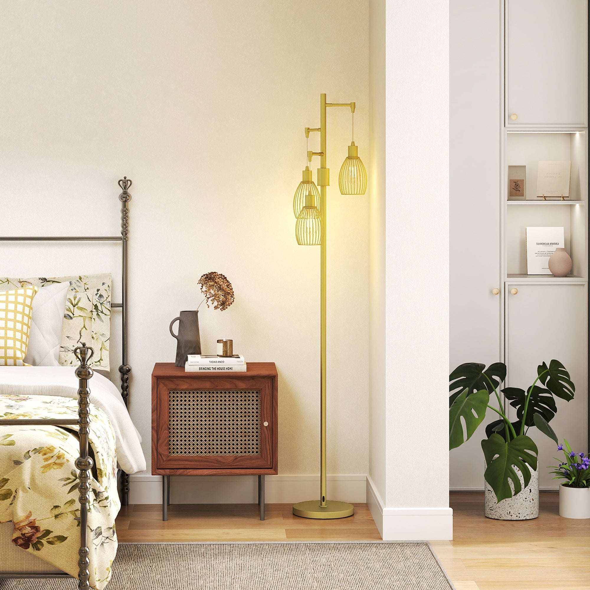 Gold tone homcom floor lamp with 3 steel wire cage shades dimmable up to maximum 40w for living spaces