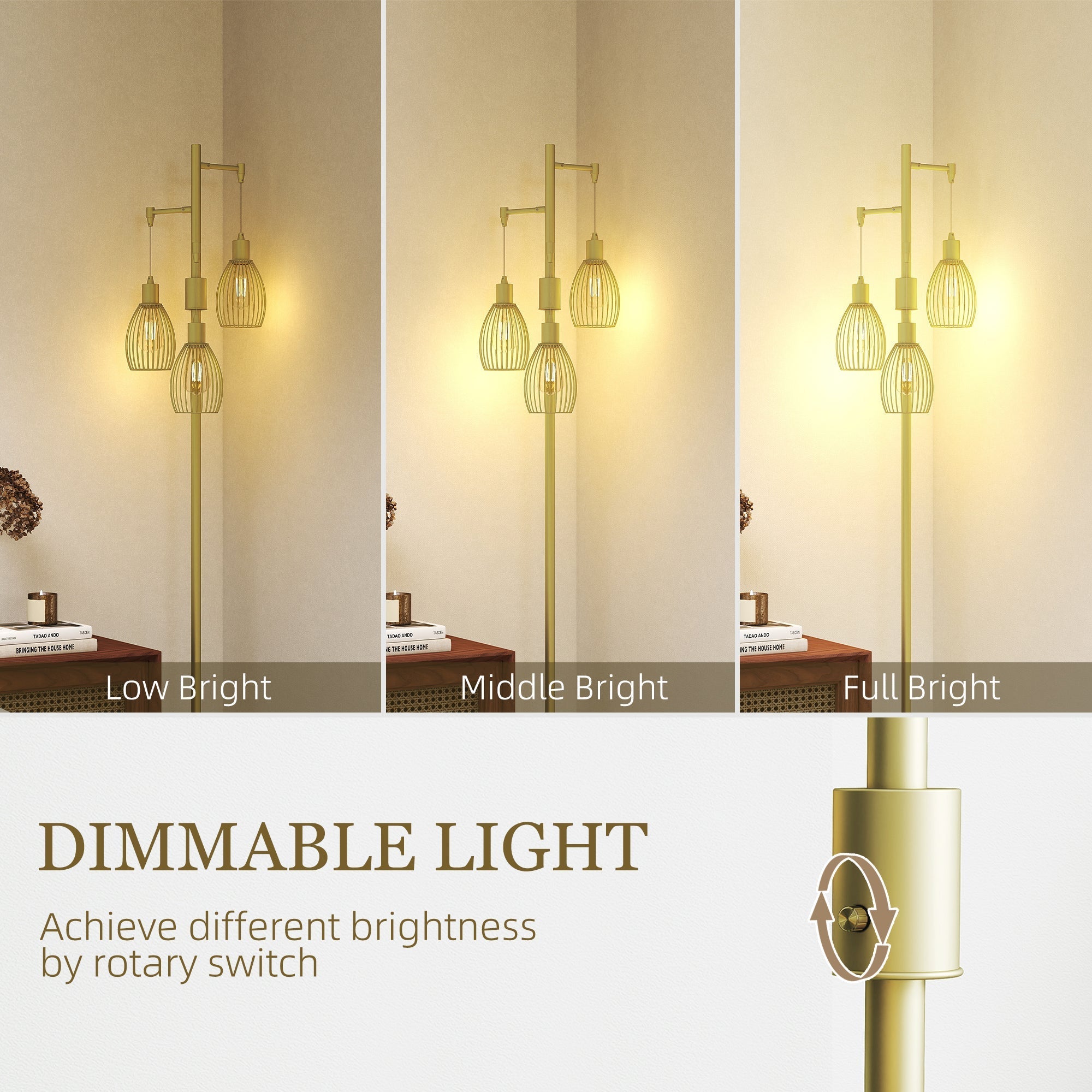 Gold tone floor lamp with three cage style bulbs and rotary switch dimmable up to maximum 40w for living room