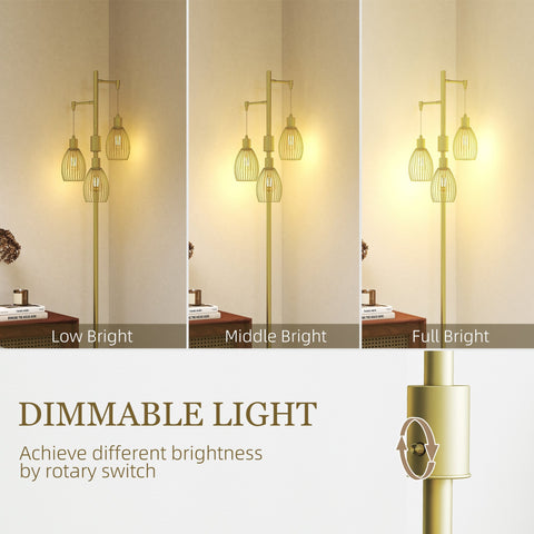 Gold tone floor lamp with three cage style bulbs and rotary switch dimmable up to maximum 40w for living room