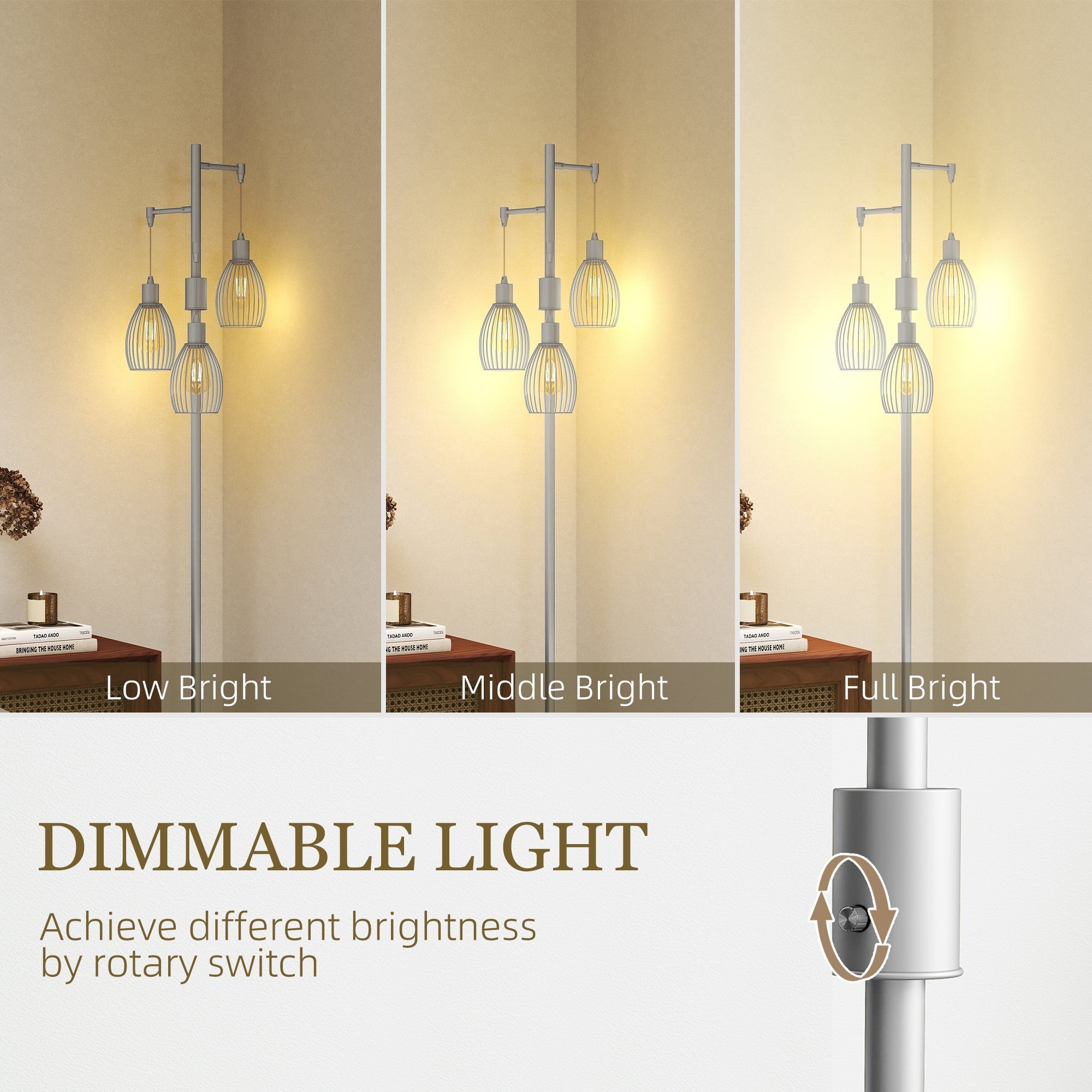Modern silver tone floor lamp with three steel wire cage bulbs, dimmable up to maximum 40w for living spaces