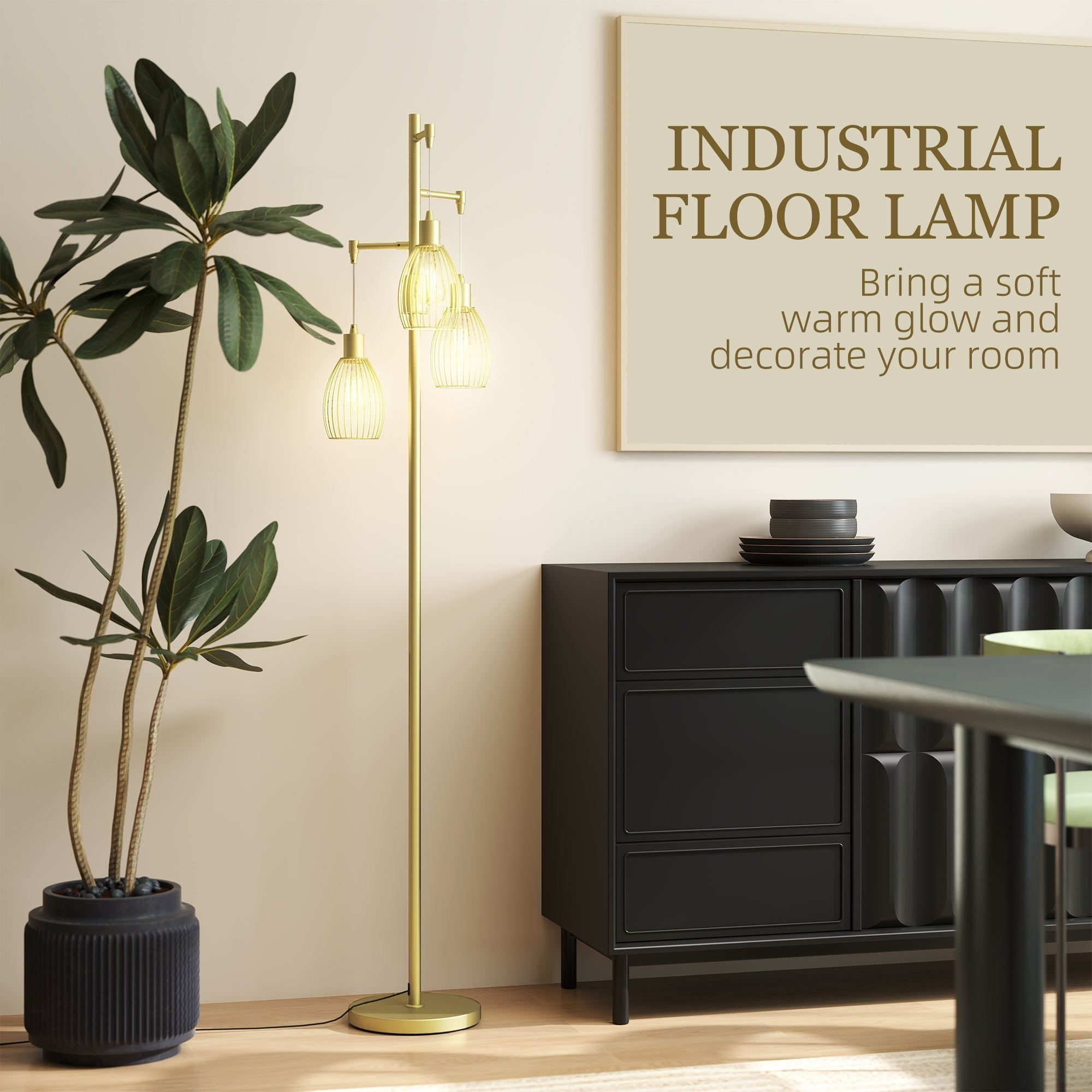Gold tone industrial floor lamp with three steel wire cage shades dimmable up to maximum 40w for living spaces