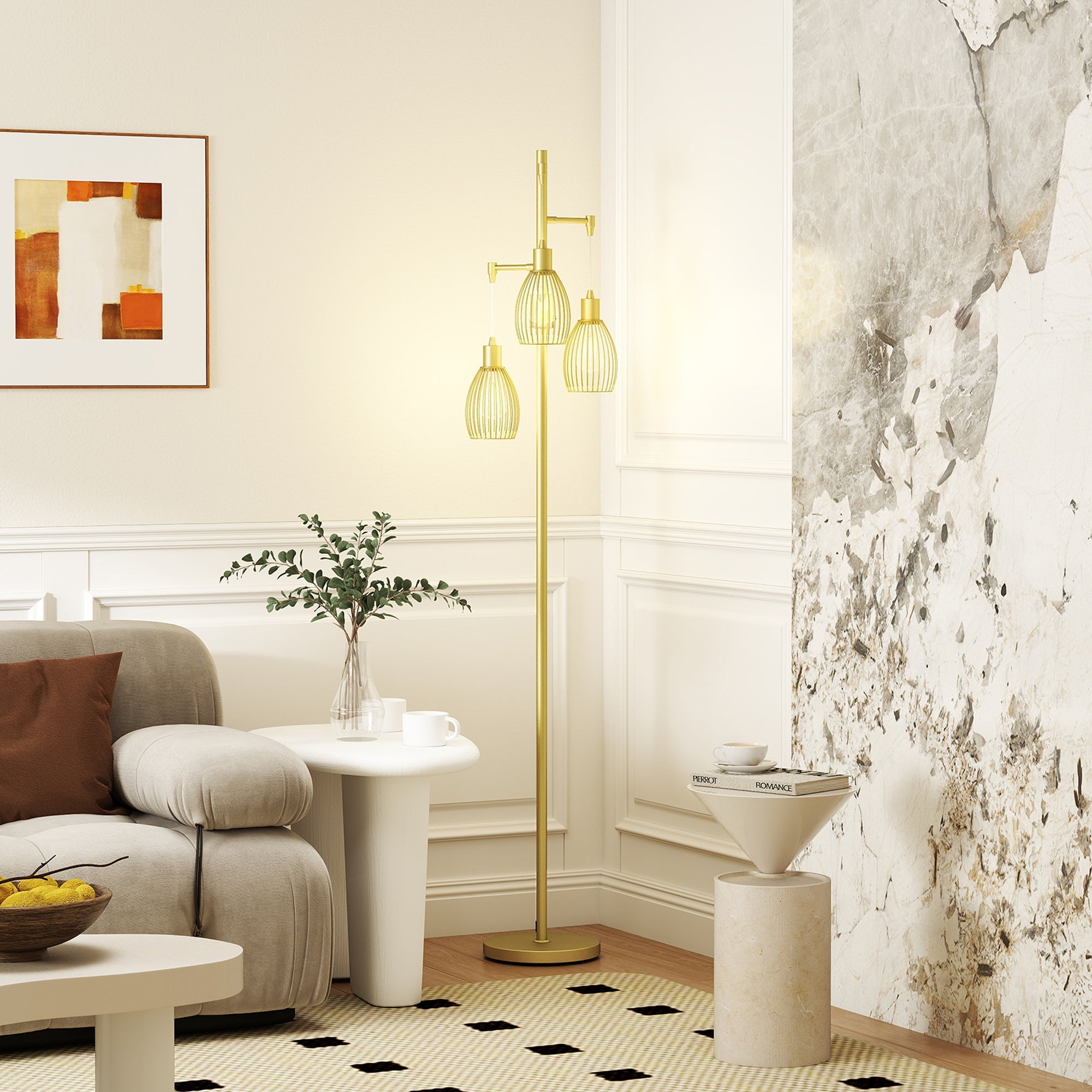 Gold tone floor lamp with three wire mesh steel cage shades dimmable up to maximum 40w for living room