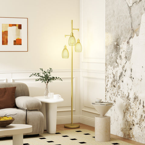 Gold tone floor lamp with three wire mesh steel cage shades dimmable up to maximum 40w for living room
