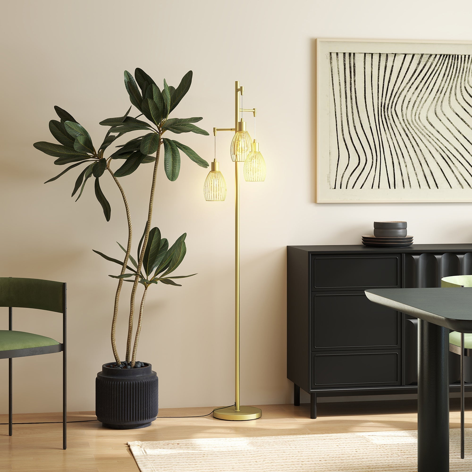 Gold tone floor lamp with three woven glass shades and slender metallic base dimmable up to maximum 40w