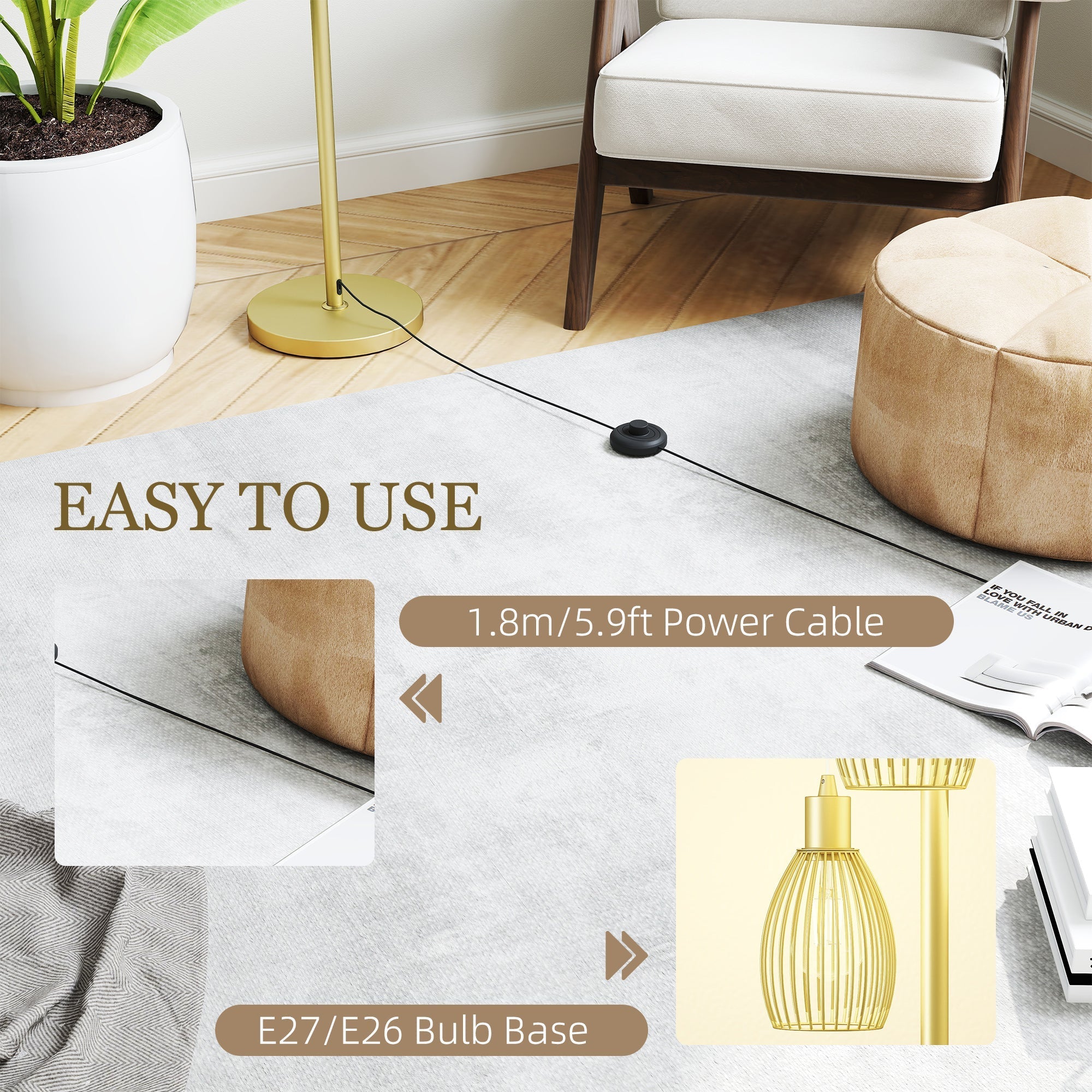 Gold tone floor lamp with ribbed glass shade and steel cage design dimmable up to maximum 40w for living spaces