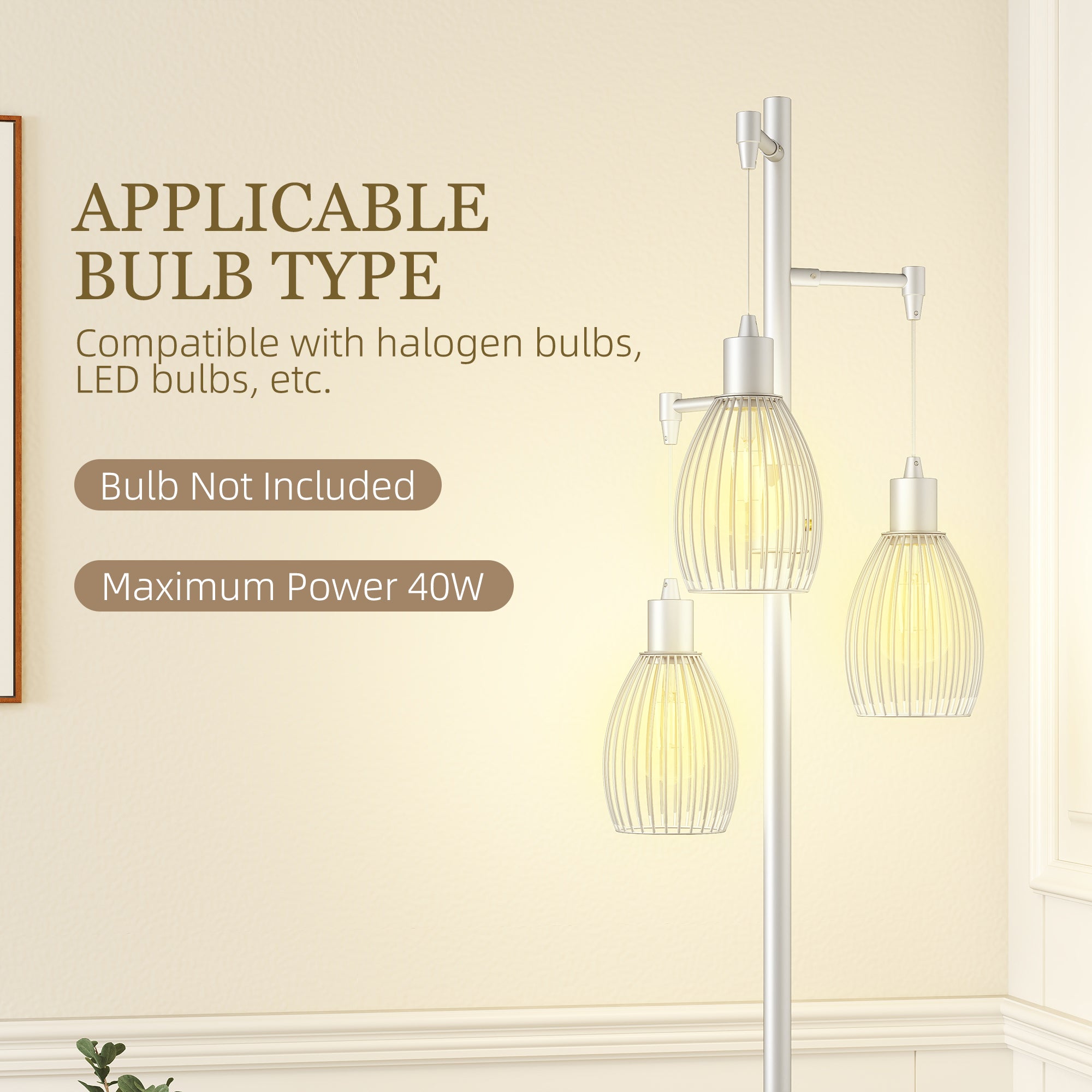 Modern white metal floor lamp with three silver tone cage glass shades dimmable maximum 40w for living room