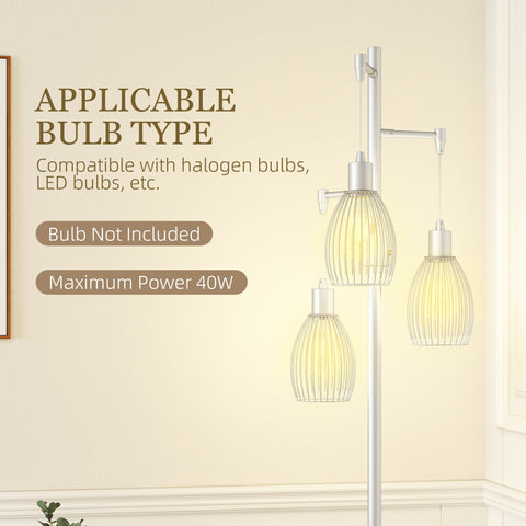 Modern white metal floor lamp with three silver tone cage glass shades dimmable maximum 40w for living room