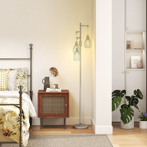Silver tone floor lamp with three steel wire cage shades dimmable up to maximum 40w ideal for living spaces