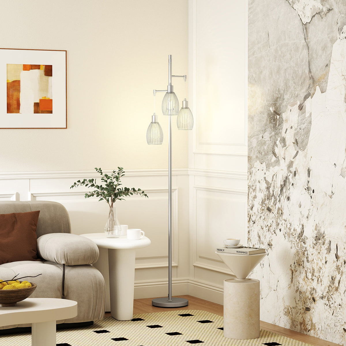 Silver tone floor lamp with three steel wire cage shades dimmable up to maximum 40w for living room use