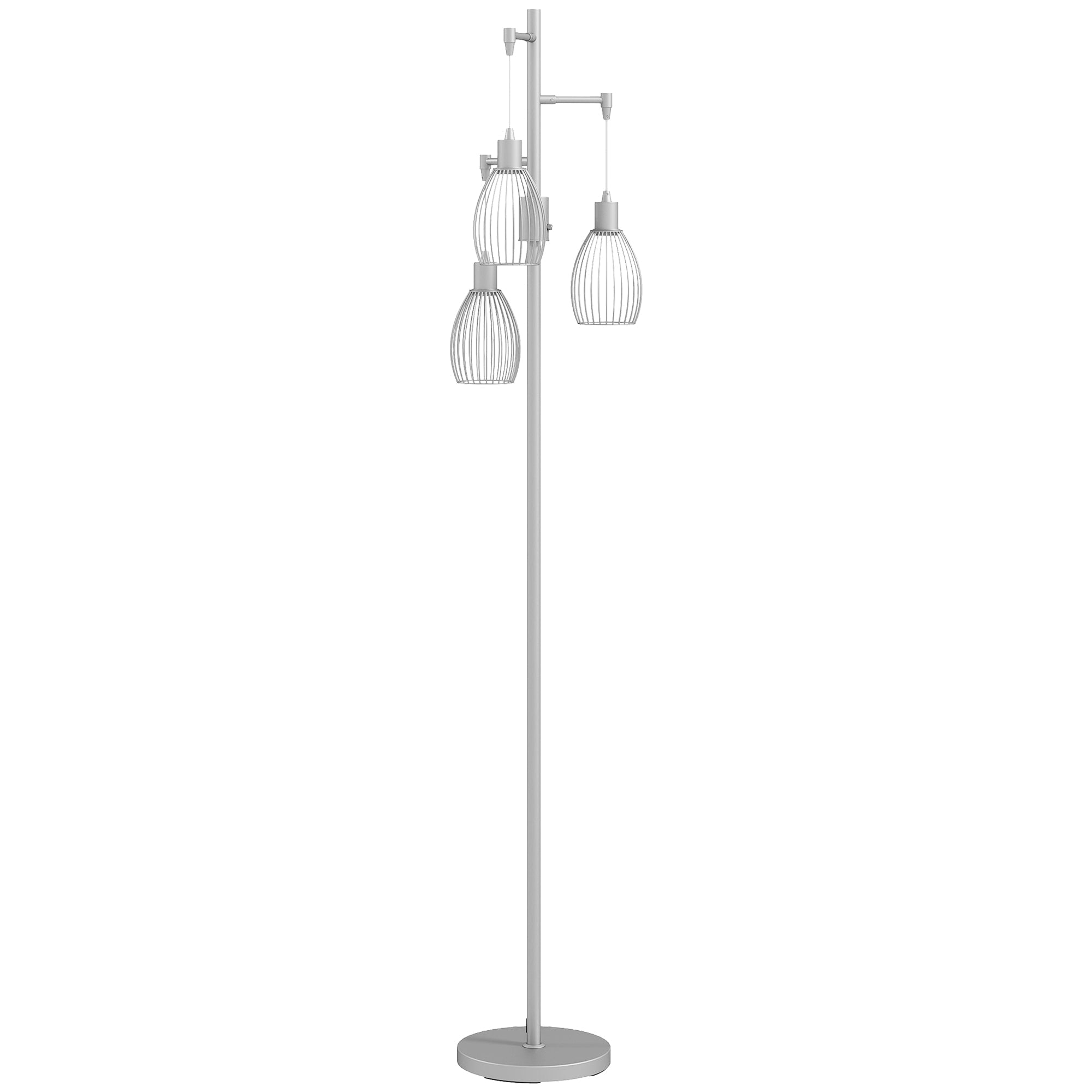 Silver tone floor lamp with three cage style pendant lights steel wire shades dimmable max 40w for living room