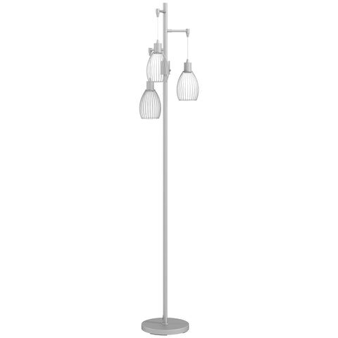 Silver tone floor lamp with three cage style pendant lights steel wire shades dimmable max 40w for living room