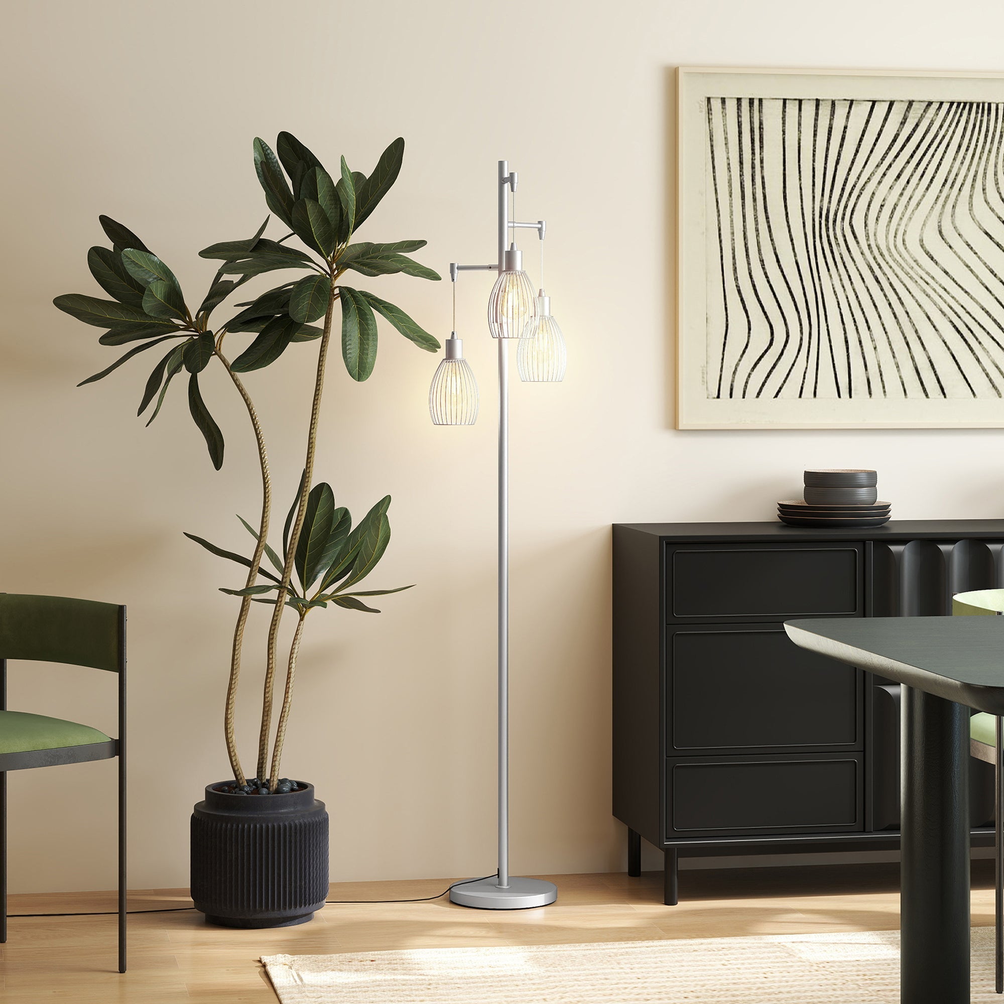 Silver tone floor lamp with slender metal frame and steel wire cage shades dimmable up to maximum 40w