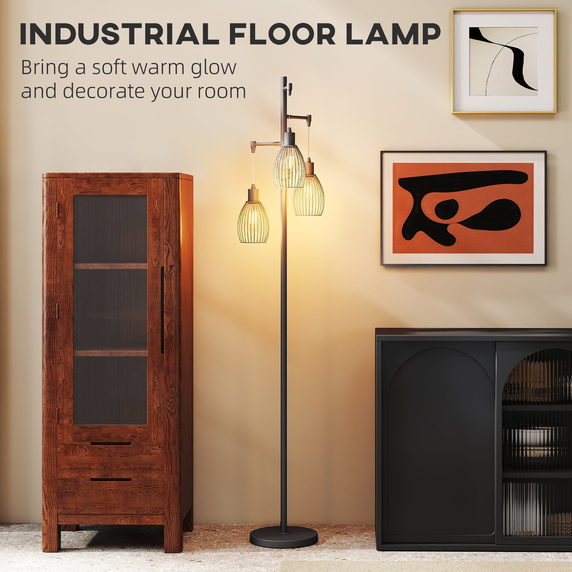 Homcom floor lamp with black metal frame and three wire cage shades emitting warm glow maximum 40w