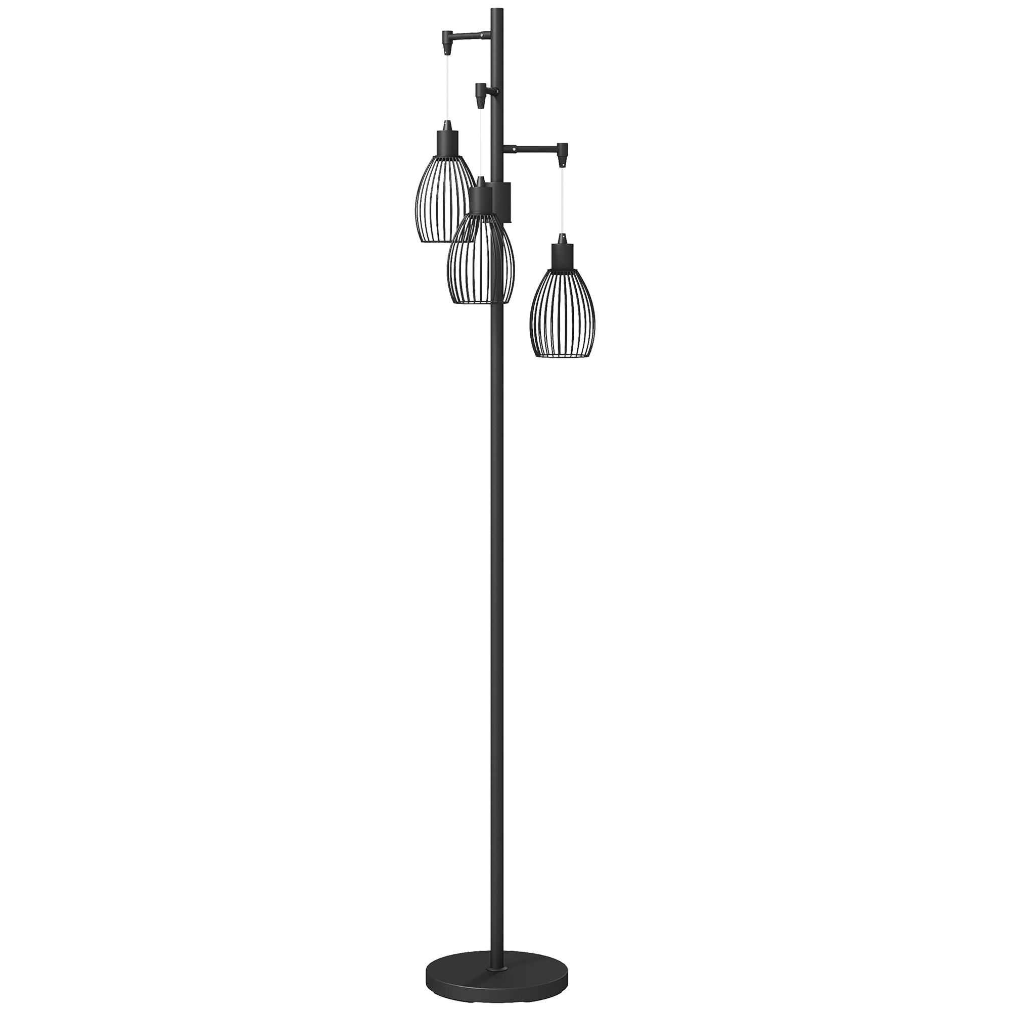 Black metal floor lamp with three cage steel wire shades dimmable up to maximum 40w for living room or study