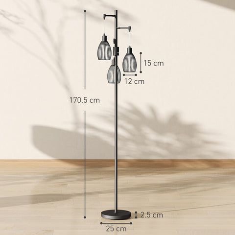 Black metal floor lamp with three cage style steel wire shades, 170cm tall, dimmable, max 40w for living room use