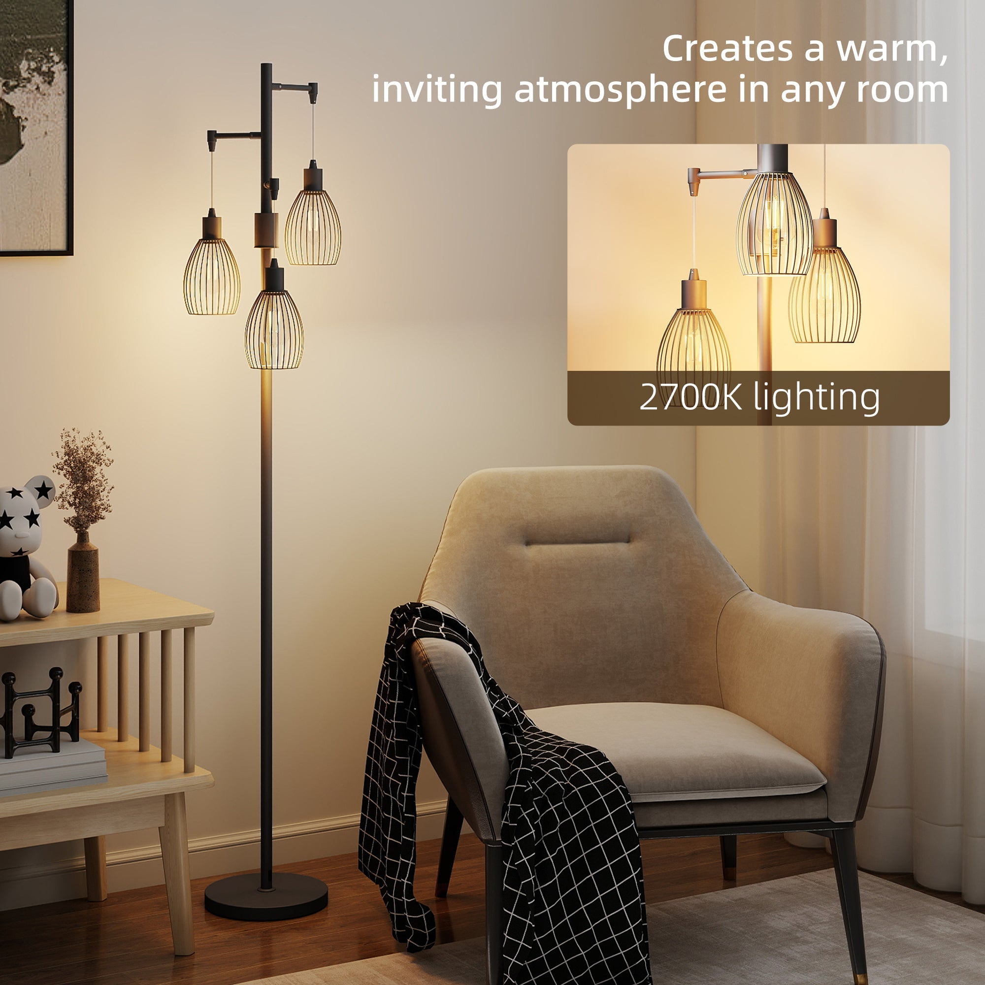 Black metal floor lamp with three wire cage shades dimmable warm 2700k lighting maximum 40w for living room