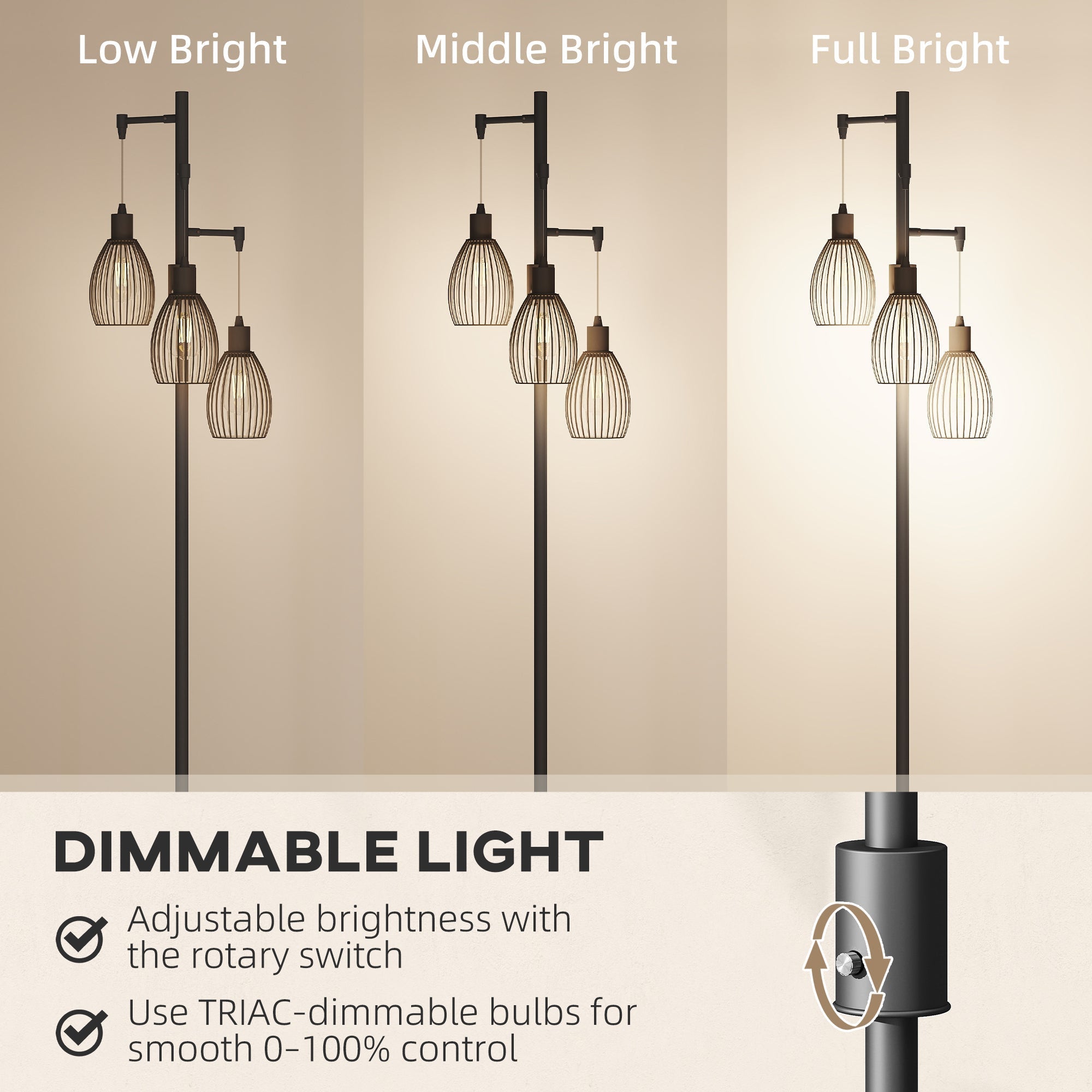 Black metal floor lamp with three steel wire cage shades and dimmable brightness control maximum 40w for living spaces