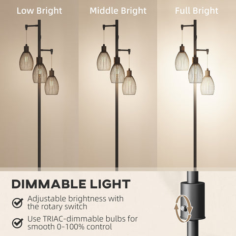Black metal floor lamp with three steel wire cage shades and dimmable brightness control maximum 40w for living spaces