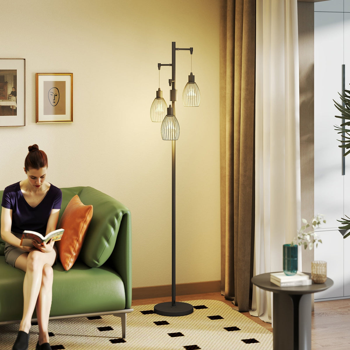 Black metal floor lamp with three steel wire cage shades dimmable up to maximum 40w for living room use