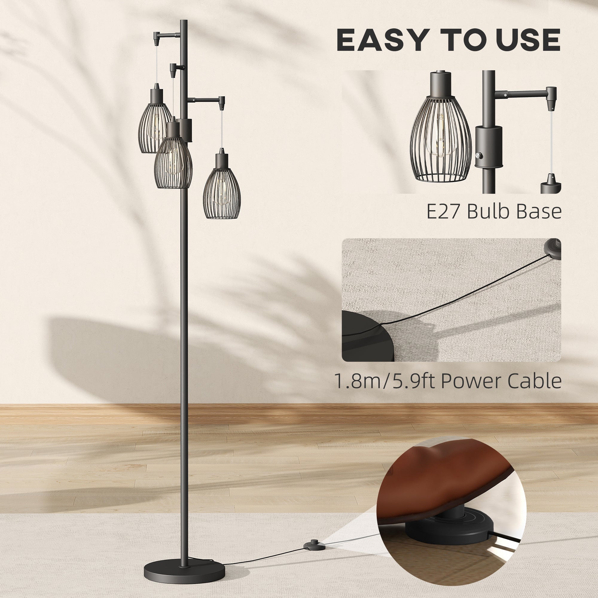 Black metal floor lamp with three steel wire cage shades and e27 bulb base for max 40w use in living rooms or bedrooms