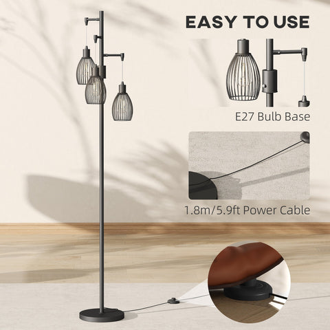 Black metal floor lamp with three steel wire cage shades and e27 bulb base for max 40w use in living rooms or bedrooms