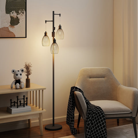 Black metal floor lamp with three steel wire cage shades dimmable 170cm maximum 40w for living room or study