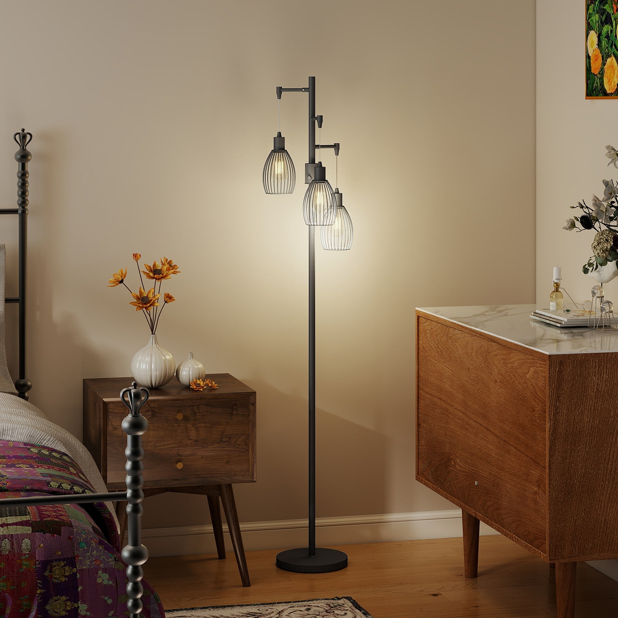 Industrial style black floor lamp with three steel wire cage shades dimmable up to maximum 40w for living room