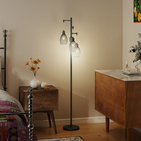 Industrial style black floor lamp with three steel wire cage shades dimmable up to maximum 40w for living room