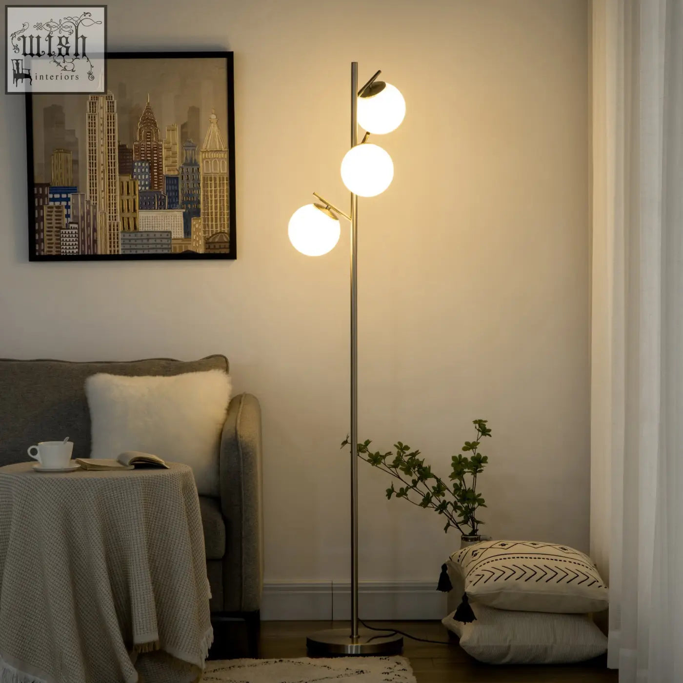 Modern silver homcom 3-head floor lamp with e27 base, steel stand, globe shades, and foot switch for living room or bedroom