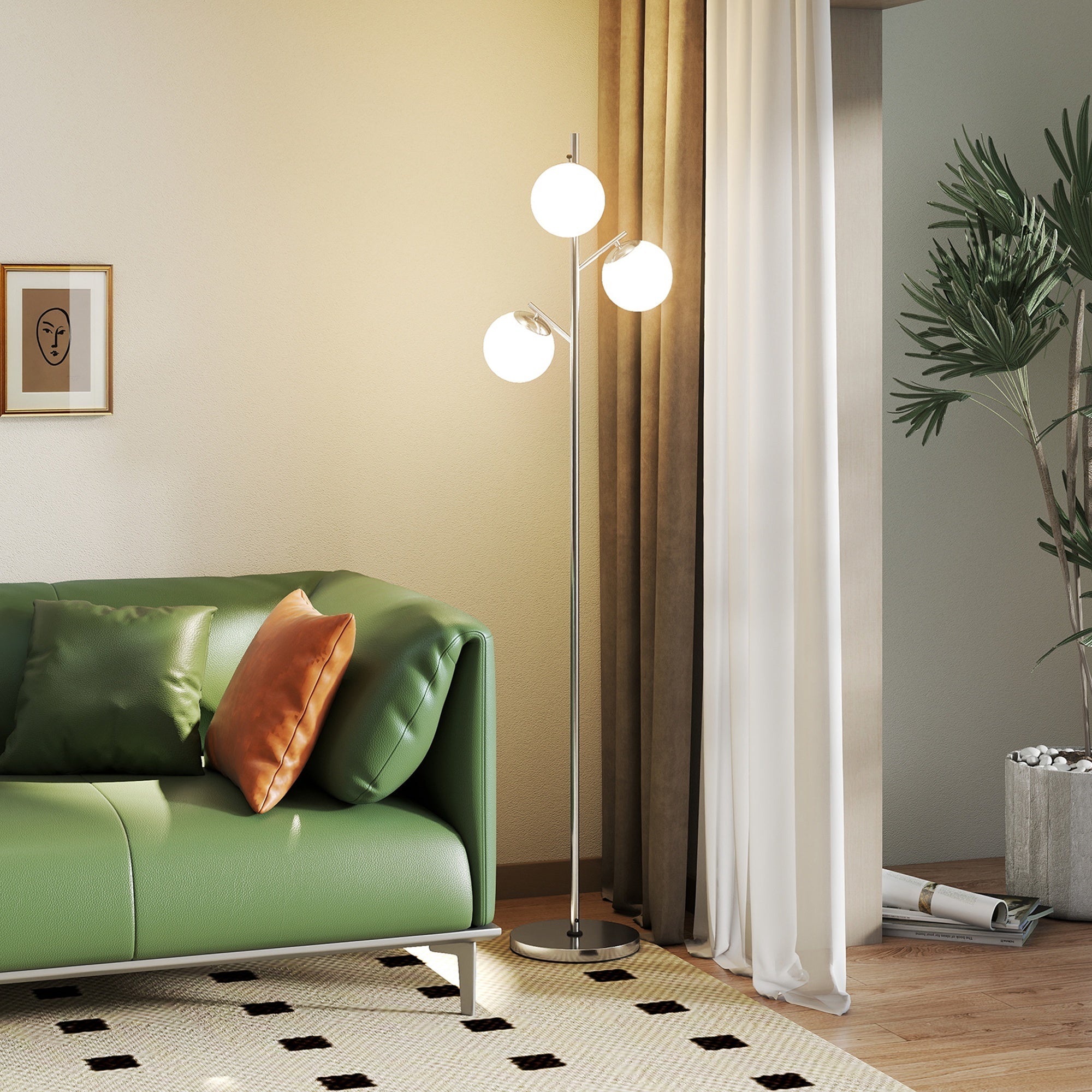 Modern homcom 3-light tree floor lamp with chrome finish frosted globes steel base and 3000k 4000k 6000k colors with foot switch