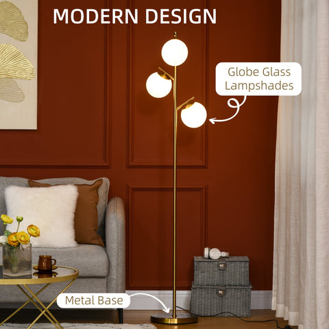 Modern gold finished floor lamp with three globe glass lampshades steel base 3000k 4000k 6000k foot switch