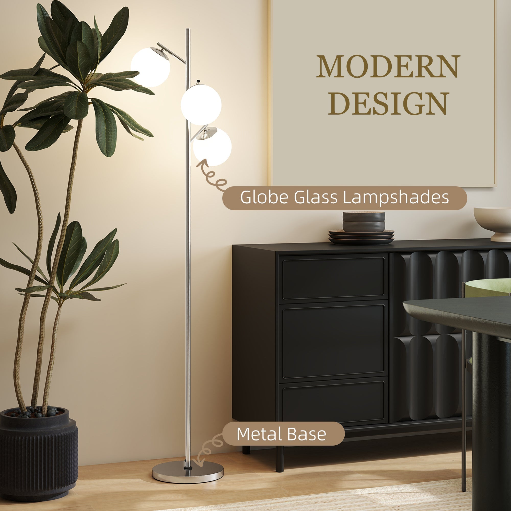 Modern silver tone homcom floor lamp with three glass globes steel base and 3000k 4000k 6000k color temps foot switch
