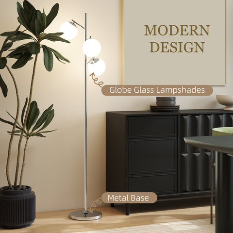 Modern silver tone homcom floor lamp with three glass globes steel base and 3000k 4000k 6000k color temps foot switch