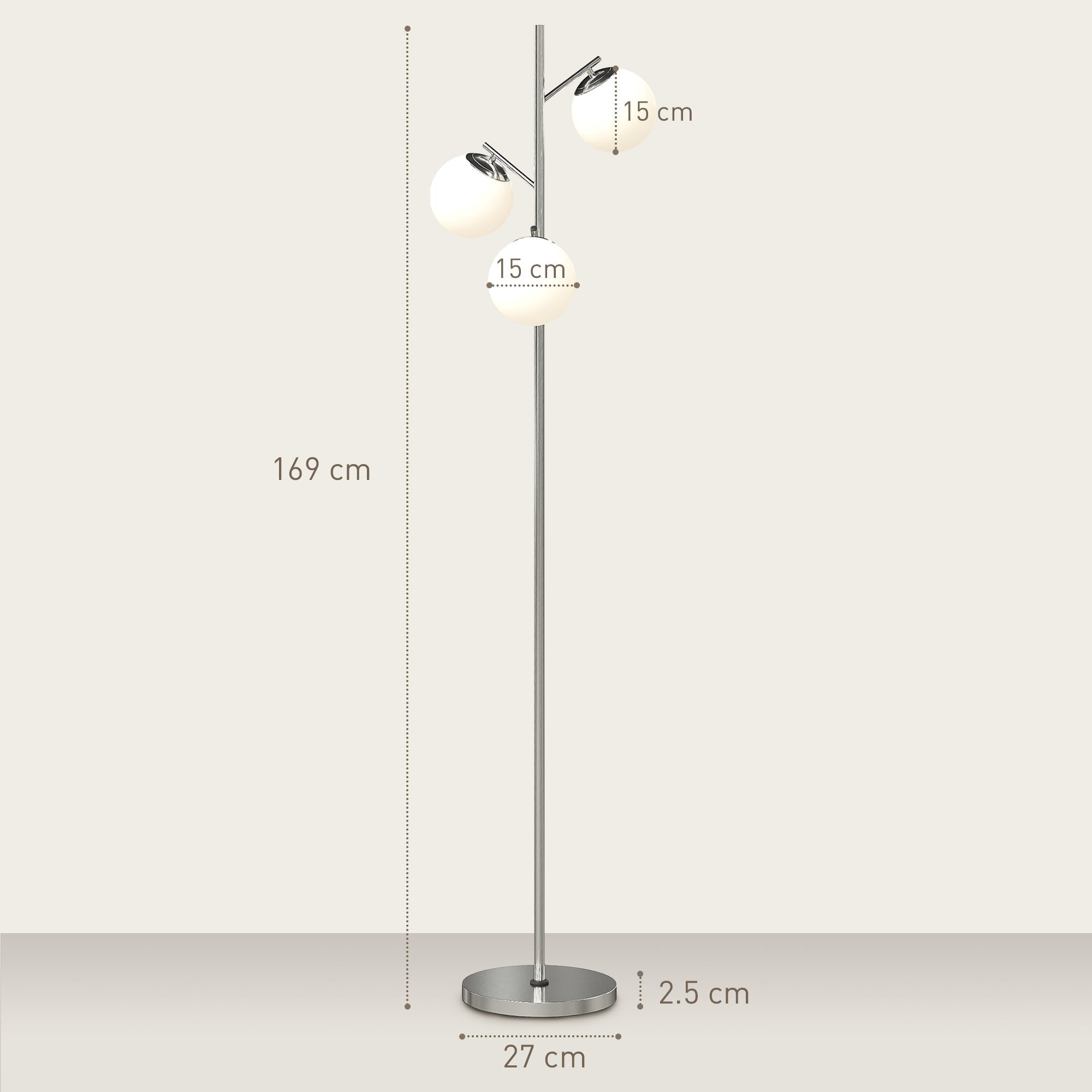 Modern chrome floor lamp with three white glass globe shades steel base silver tone 3000k 4000k 6000k foot switch