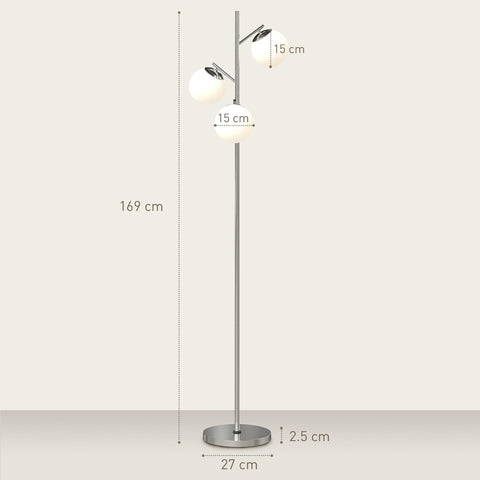 Modern chrome floor lamp with three white glass globe shades steel base silver tone 3000k 4000k 6000k foot switch