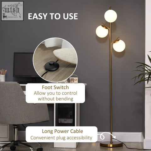 Gold tone homcom 3-light tree floor lamp with steel base, three white glass globes, foot switch, and e27 base bulbs not included