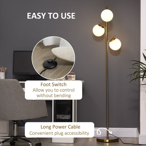 Gold-finished homcom 3-light tree floor lamp with steel base and three white globe shades with 3000k 4000k 6000k colors