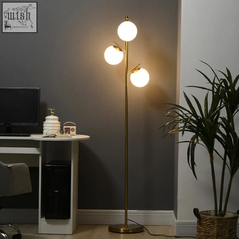 Gold tone homcom 3-light tree floor lamp with steel base and globe shades uses e27 base bulbs and foot switch control